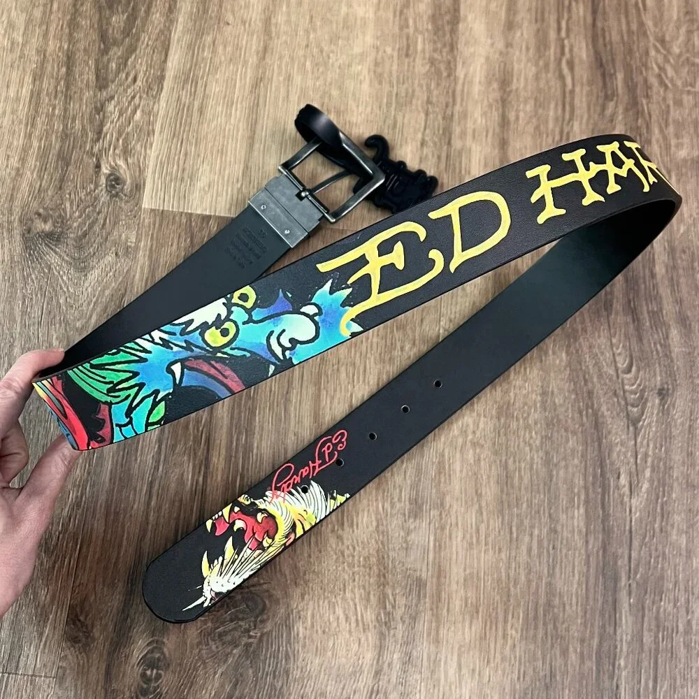 NEW Ed Hardy Tattoo Dragon & Tiger Black Reversible Belt Sz 36